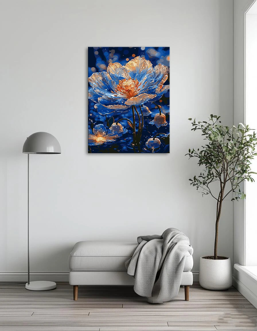 A painting depicting a blue flower floating gracefully on the surface of calm water.