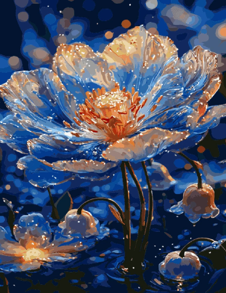 A painting depicting a blue flower floating gracefully on the surface of calm water.