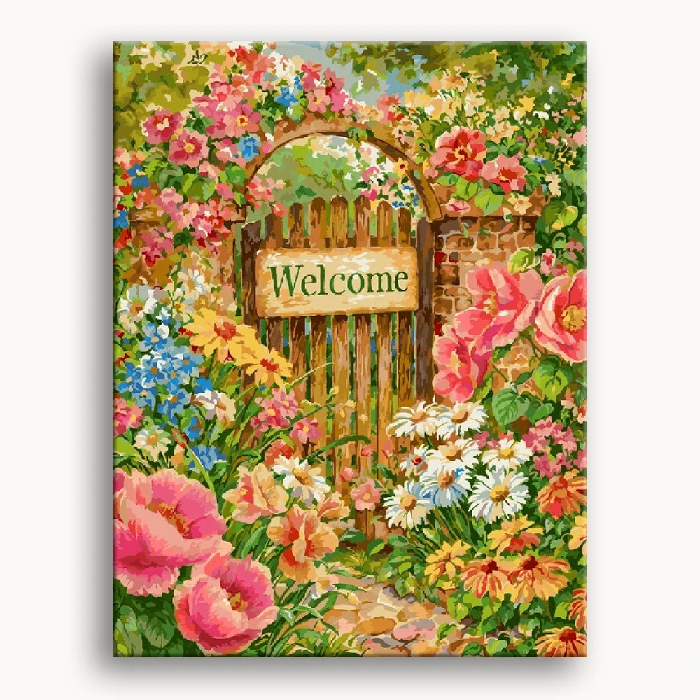 A painting depicting a welcome sign surrounded by vibrant flowers in a lush garden setting.