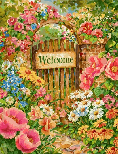 A painting depicting a welcome sign surrounded by vibrant flowers in a lush garden setting.