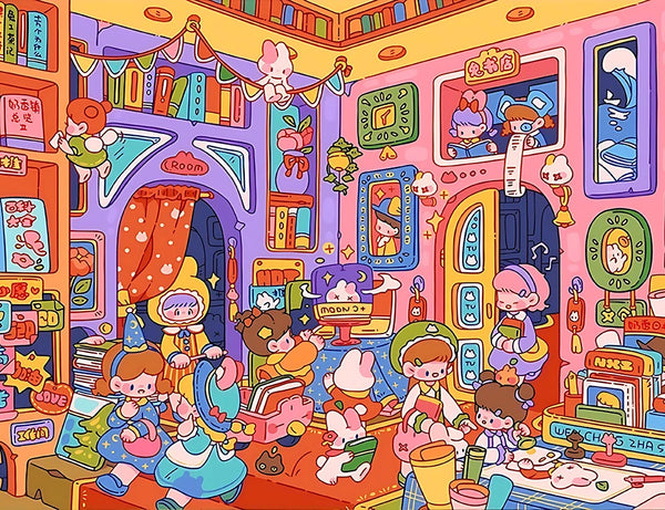 A colorful cartoon room filled with various toys and books scattered around, creating a playful atmosphere.