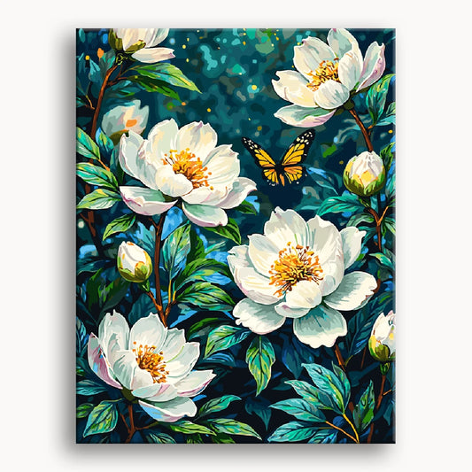 A painting featuring delicate white flowers with a colorful butterfly perched among them.