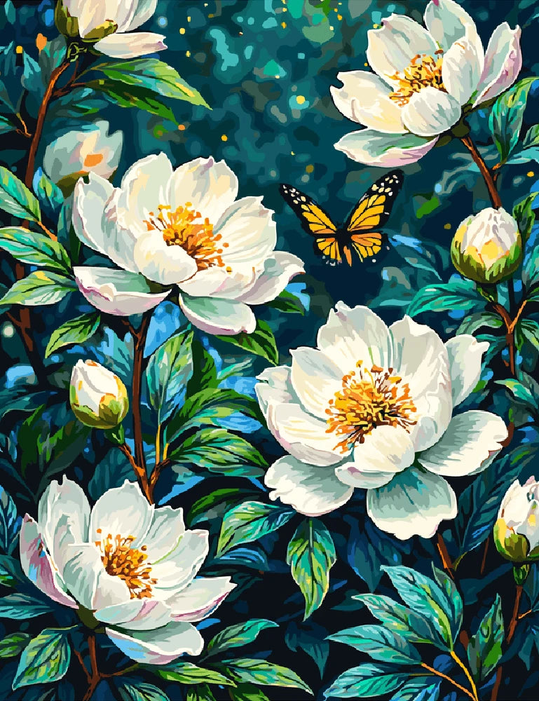 A painting featuring delicate white flowers with a colorful butterfly perched among them.