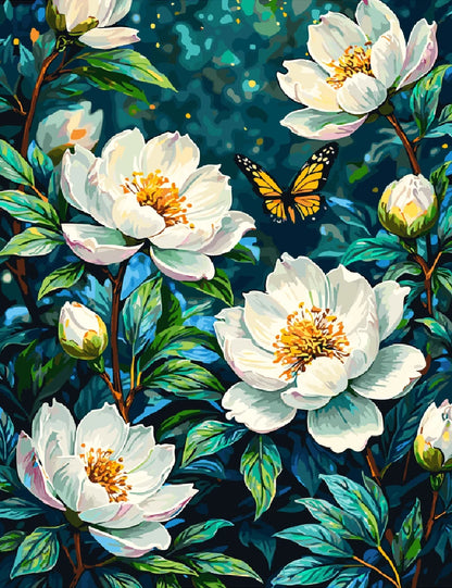 A painting featuring delicate white flowers with a colorful butterfly perched among them.