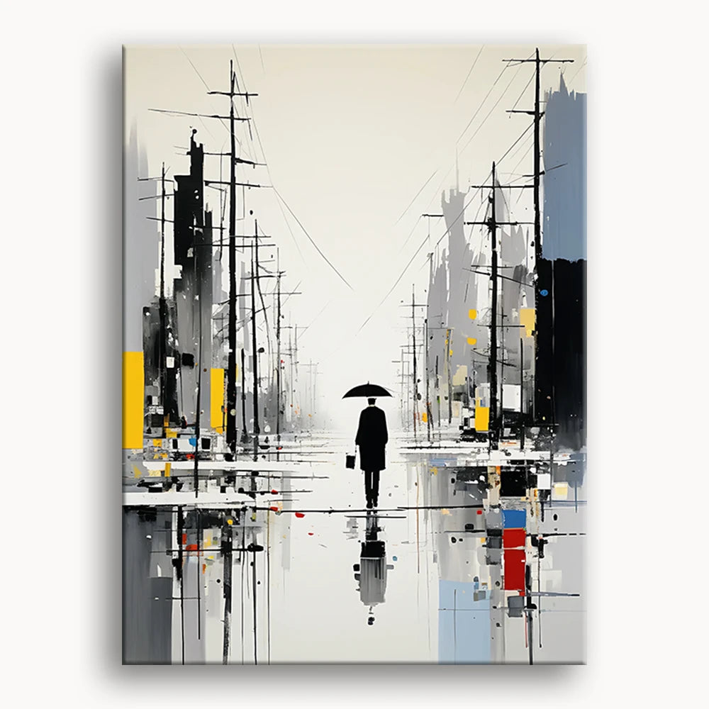 A man in a raincoat walks down a wet street, holding an umbrella as raindrops fall around him.