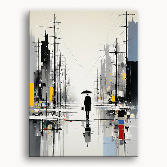 A man in a raincoat walks down a wet street, holding an umbrella as raindrops fall around him.