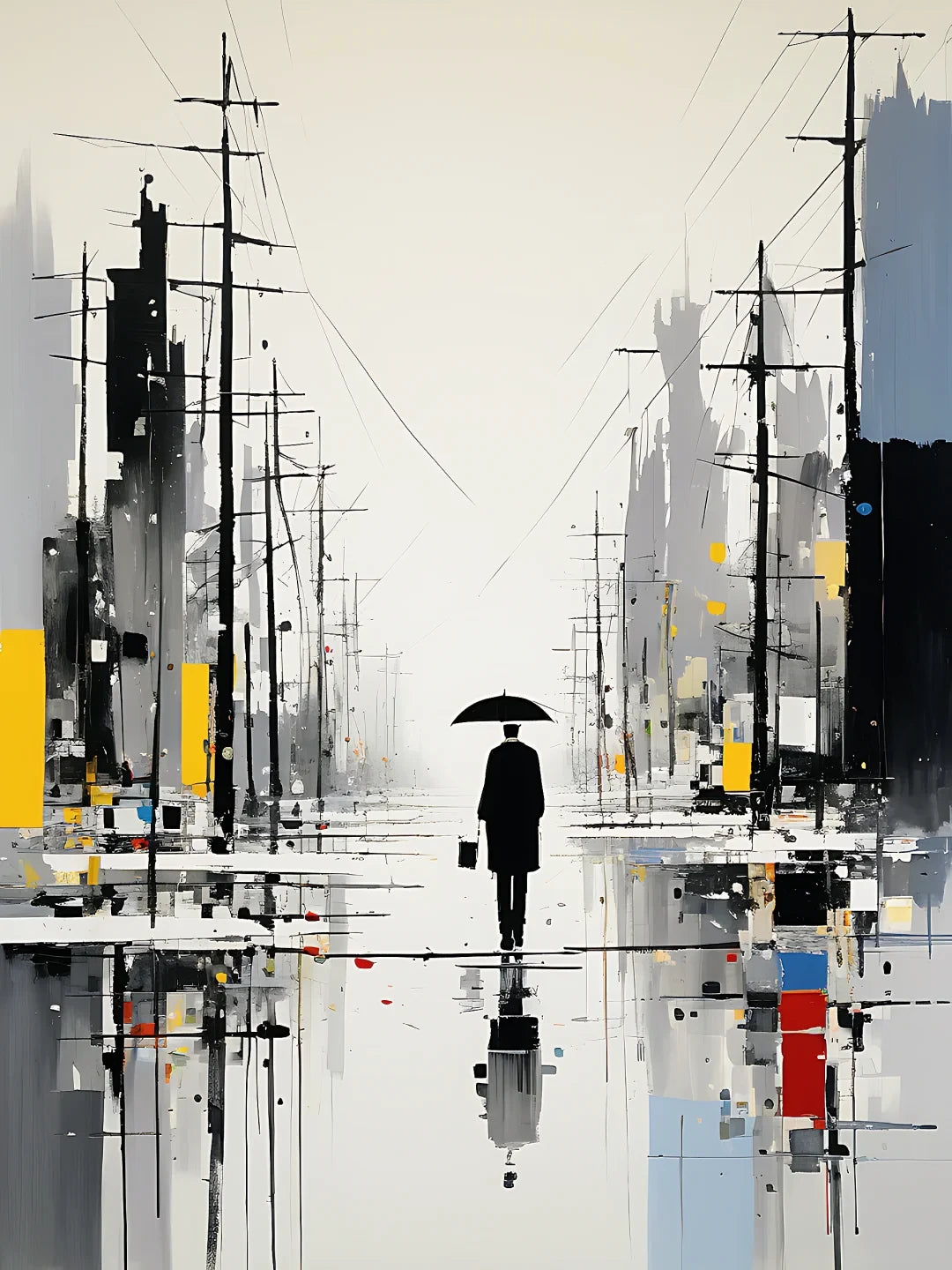 A man in a raincoat walks down a wet street, holding an umbrella as raindrops fall around him.