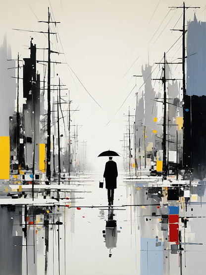 A man in a raincoat walks down a wet street, holding an umbrella as raindrops fall around him.