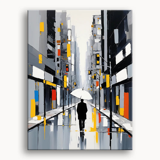 A painting of a man strolling down a rainy street, holding an umbrella, surrounded by colorful buildings.