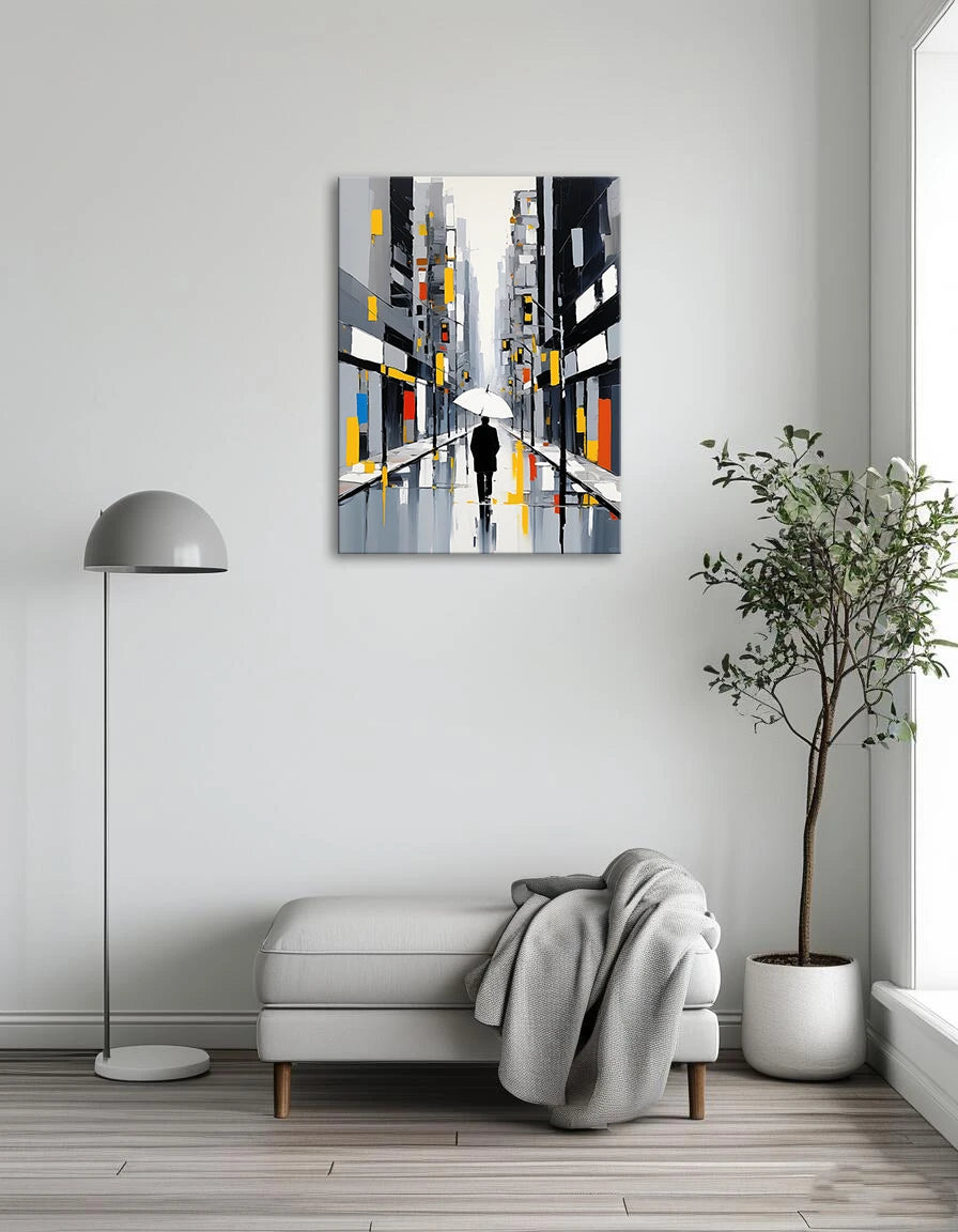 A painting of a man strolling down a rainy street, holding an umbrella, surrounded by colorful buildings.