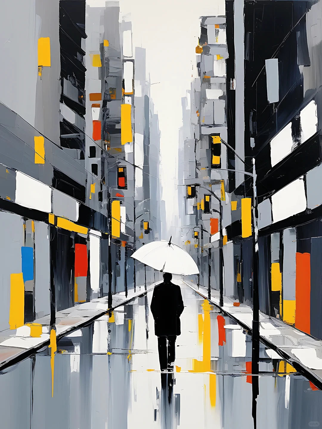 A painting of a man strolling down a rainy street, holding an umbrella, surrounded by colorful buildings.