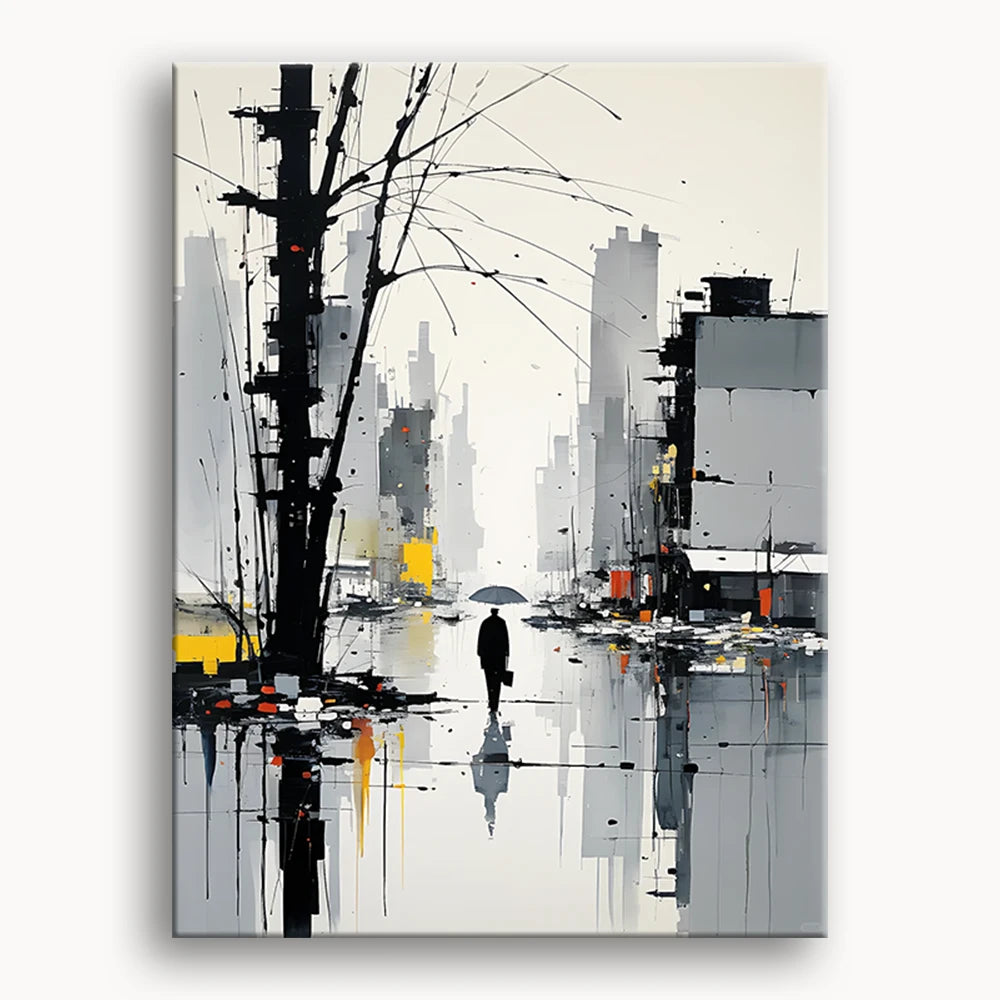 A painting depicting a man walking through a rainy street, with raindrops falling and reflections on the wet pavement.