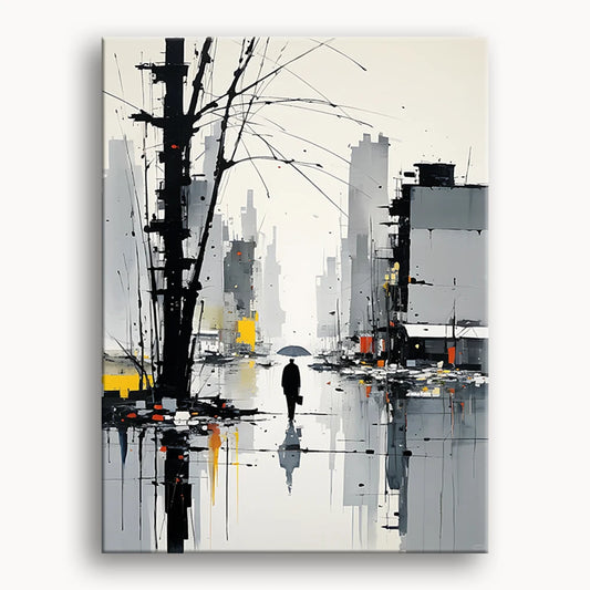 A painting depicting a man walking through a rainy street, with raindrops falling and reflections on the wet pavement.