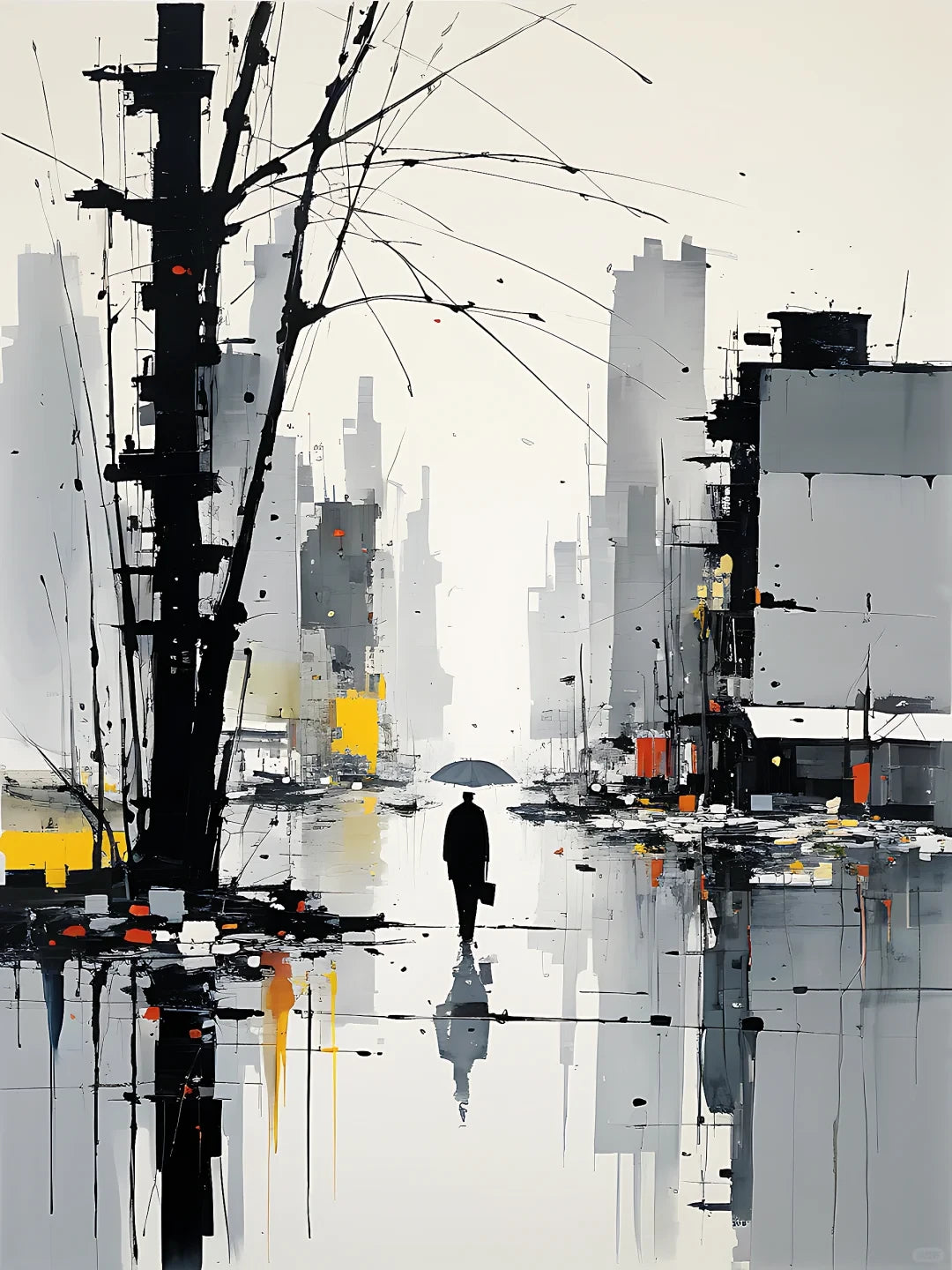 A painting depicting a man walking through a rainy street, with raindrops falling and reflections on the wet pavement.