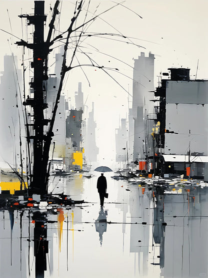 A painting depicting a man walking through a rainy street, with raindrops falling and reflections on the wet pavement.
