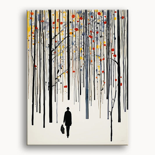 A painting depicting a man strolling through a lush forest, surrounded by tall trees and dappled sunlight.