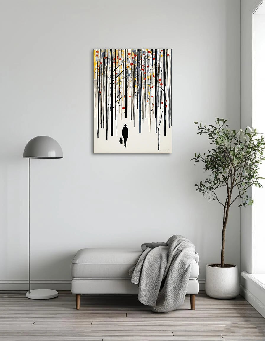 A painting depicting a man strolling through a lush forest, surrounded by tall trees and dappled sunlight.