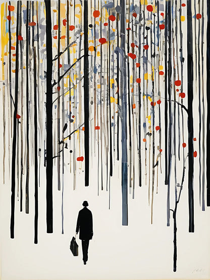 A painting depicting a man strolling through a lush forest, surrounded by tall trees and dappled sunlight.