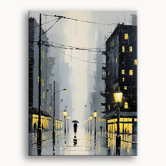 A colorful painting of a person walking down a rainy street, holding an umbrella against the falling rain.