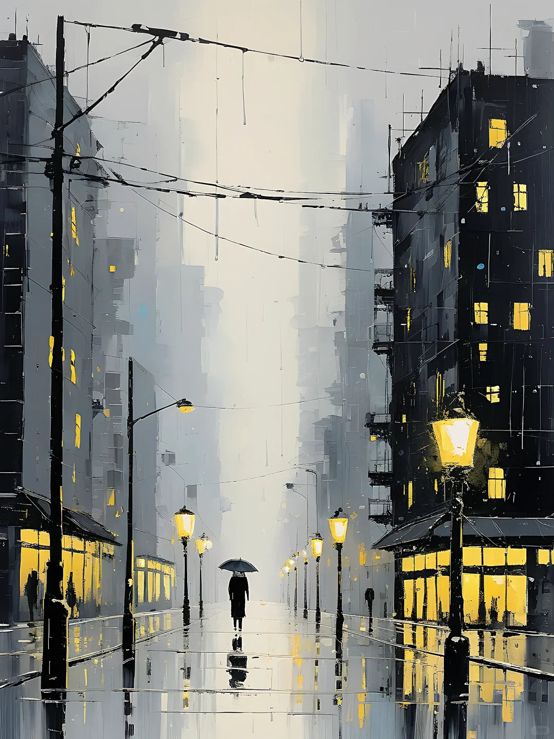 A colorful painting of a person walking down a rainy street, holding an umbrella against the falling rain.