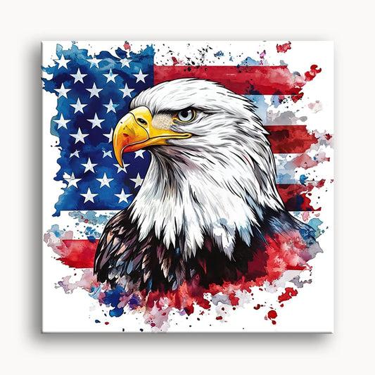 An eagle with an American flag