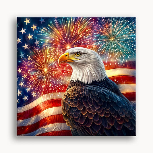 An eagle with an American flag