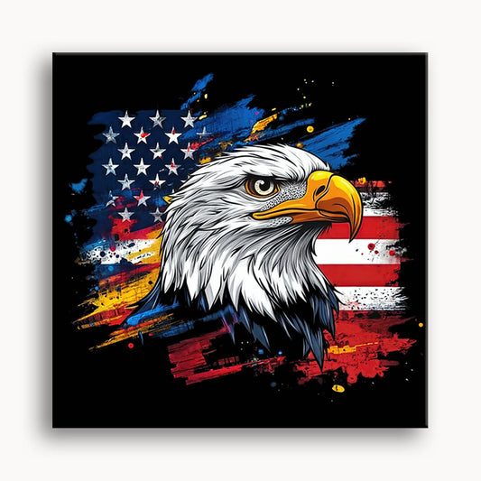 An eagle with an American flag