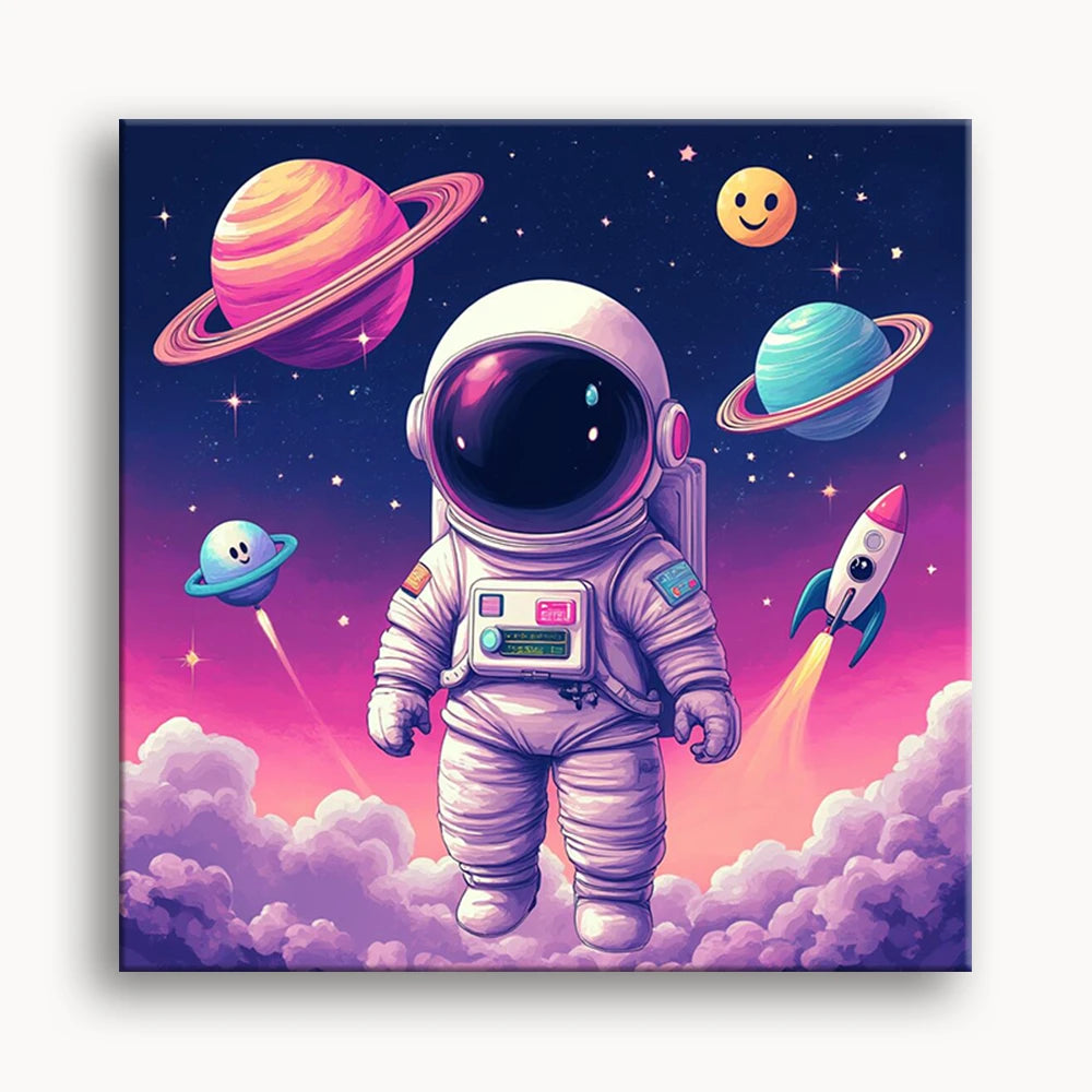 An astronaut floats in space, surrounded by planets and other cosmic objects, showing a magnificent cosmic landscape.