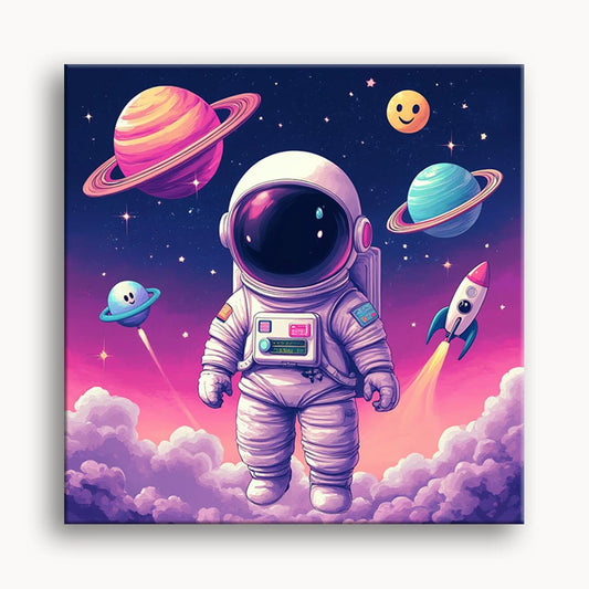 An astronaut floats in space, surrounded by planets and other cosmic objects, showing a magnificent cosmic landscape.