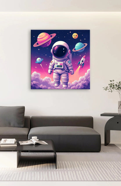 An astronaut floats in space, surrounded by planets and other cosmic objects, showing a magnificent cosmic landscape.