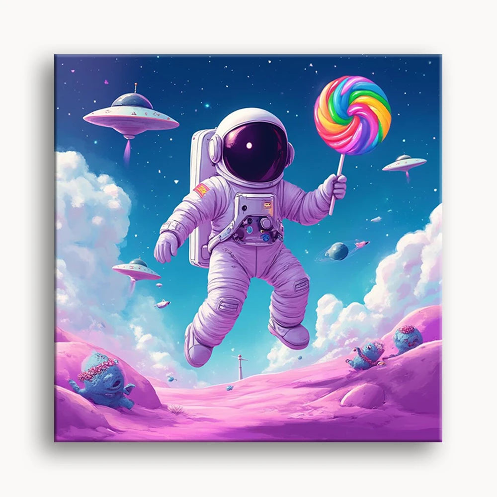 An astronaut floating in space, holding a colorful lollipop against a backdrop of stars and planets.