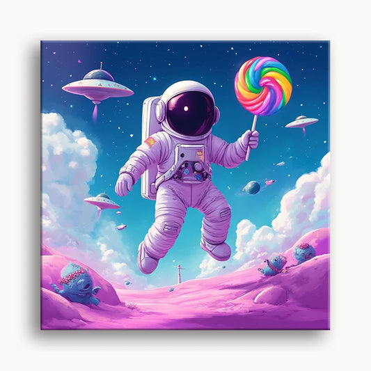 An astronaut floating in space, holding a colorful lollipop against a backdrop of stars and planets.
