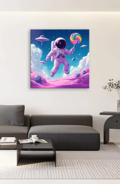 An astronaut floating in space, holding a colorful lollipop against a backdrop of stars and planets.