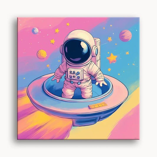 An astronaut floats in space beside a sleek spaceship, surrounded by stars and the vastness of the universe.