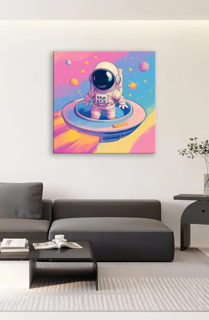 An astronaut floats in space beside a sleek spaceship, surrounded by stars and the vastness of the universe.