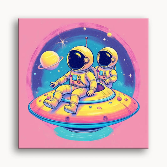 Two astronauts inside a spaceship, floating through the vastness of space, surrounded by stars and distant planets.