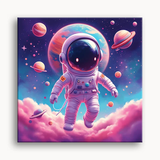 An astronaut in a spacesuit drifts among vibrant planets and shining stars, highlighting the beauty of outer space.