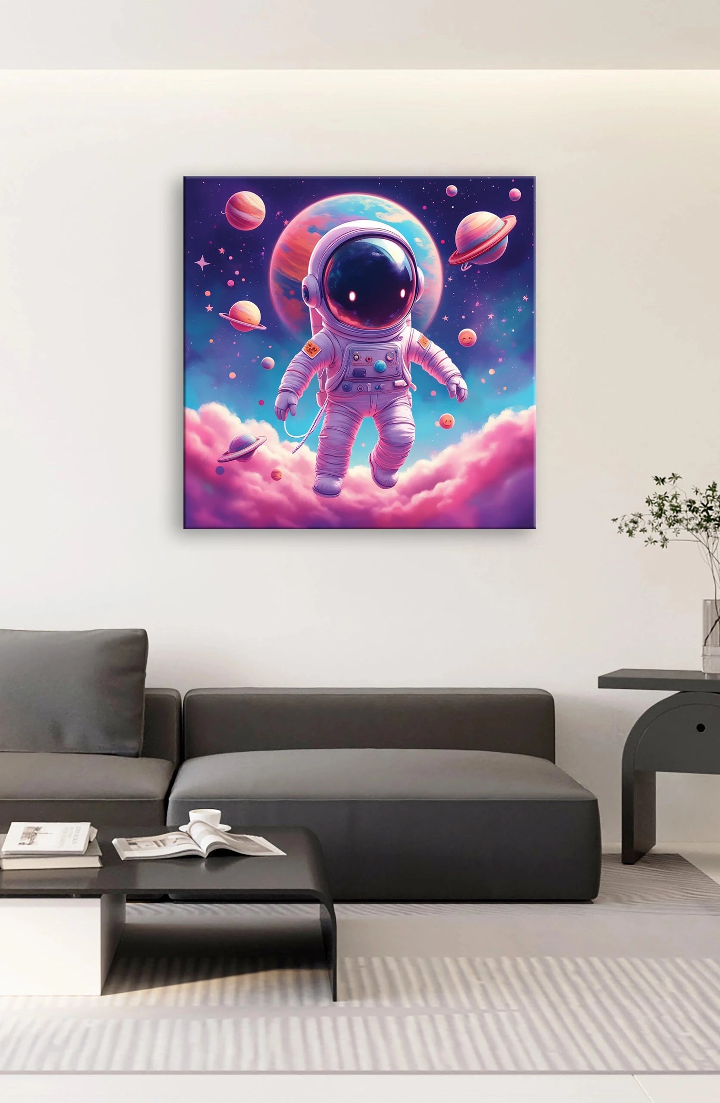 An astronaut in a spacesuit drifts among vibrant planets and shining stars, highlighting the beauty of outer space.