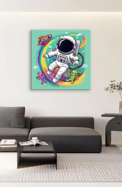  An astronaut in a spacesuit drifts through space, set against a bright and colorful rainbow backdrop.