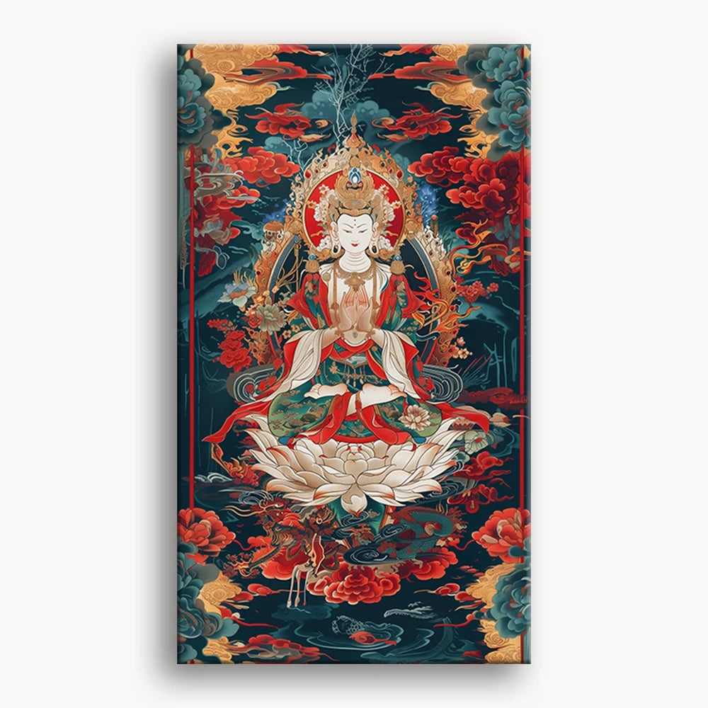 A serene painting of Buddha meditating peacefully in a lush green forest surrounded by trees and soft sunlight.