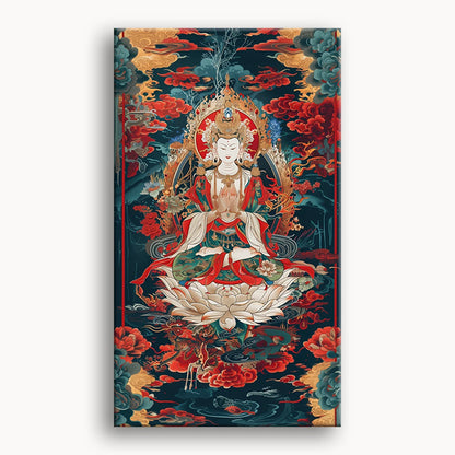 A serene painting of Buddha meditating peacefully in a lush green forest surrounded by trees and soft sunlight.