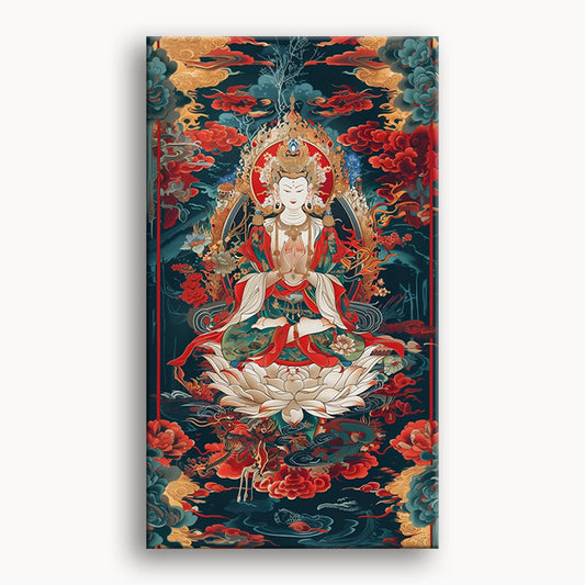 A serene painting of Buddha meditating peacefully in a lush green forest surrounded by trees and soft sunlight.
