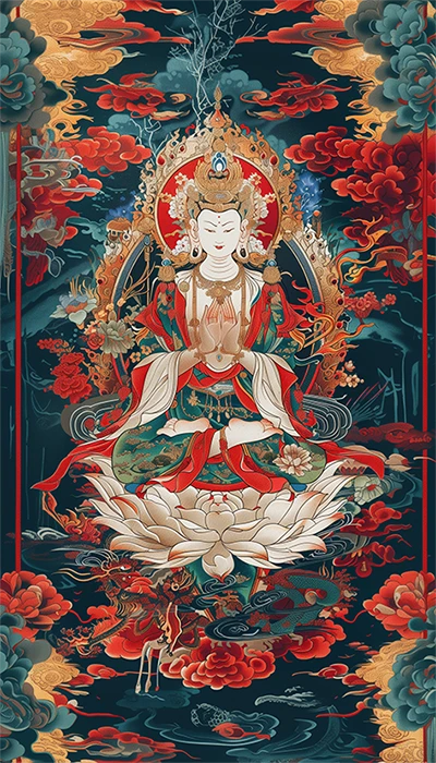 A serene painting of Buddha meditating peacefully in a lush green forest surrounded by trees and soft sunlight.