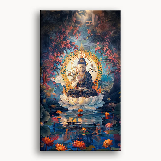 A serene painting of Buddha seated on a lotus pond, surrounded by vibrant flowers in a tranquil setting.
