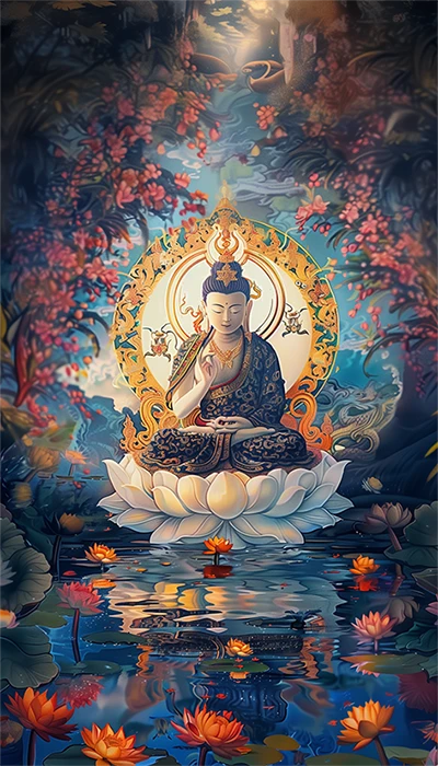 A serene painting of Buddha seated on a lotus pond, surrounded by vibrant flowers in a tranquil setting.
