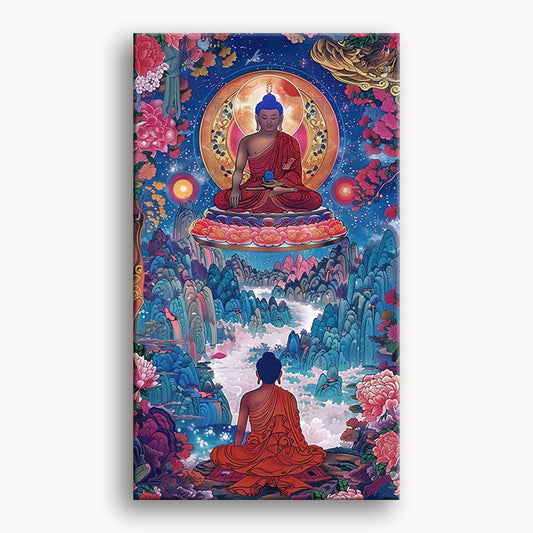 A serene painting of Buddha meditating peacefully in the center of a flowing river, surrounded by lush greenery.