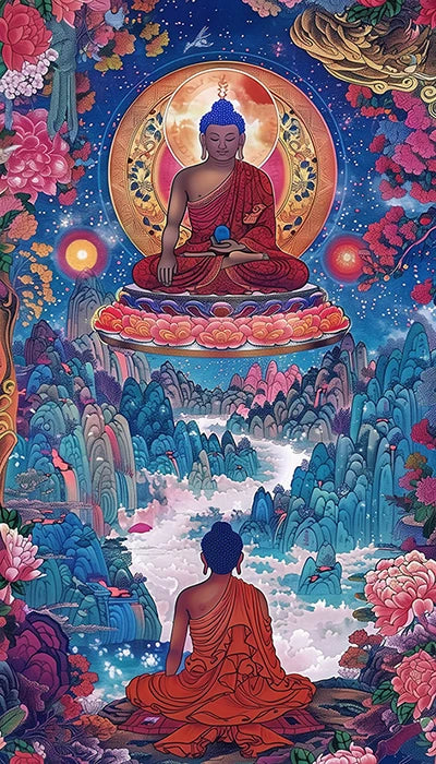 A serene painting of Buddha meditating peacefully in the center of a flowing river, surrounded by lush greenery.