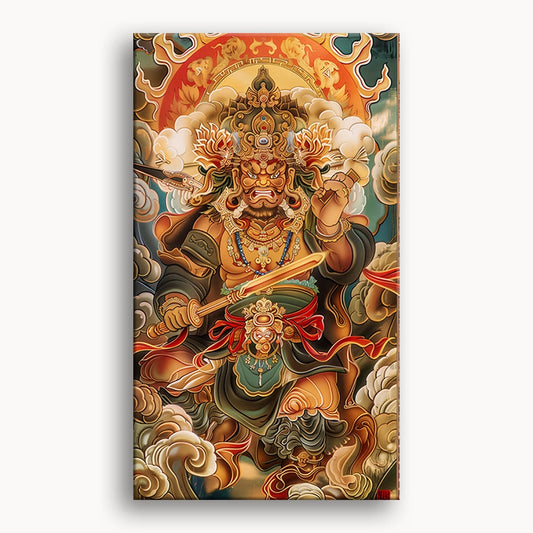 A vibrant painting of a Tibetan god wielding a sword, adorned in traditional attire with intricate details and vivid colors.