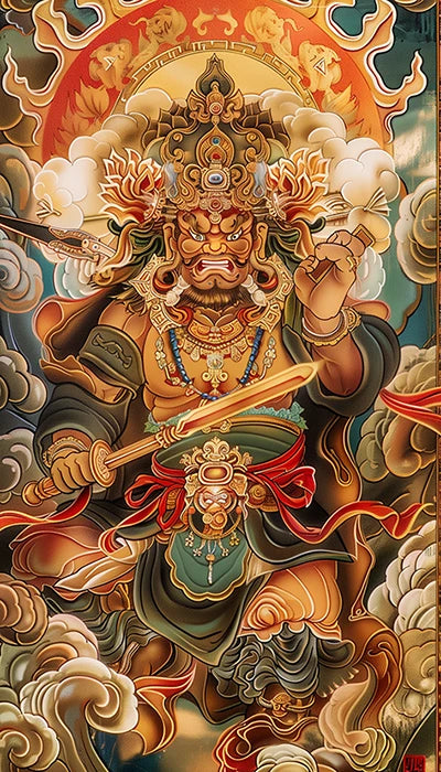 A vibrant painting of a Tibetan god wielding a sword, adorned in traditional attire with intricate details and vivid colors.