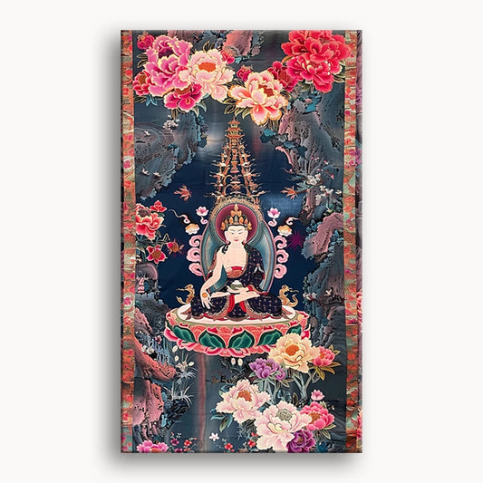 A large painting depicting Buddha seated on a lotus flower, surrounded by vibrant colors and intricate details.